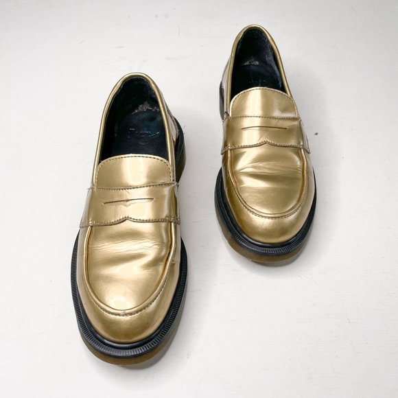Dr. Martens Shoes - Dr. Martens Metallic Gold Patent Leather Abby Penny Loafers Flats Abbey Size 8